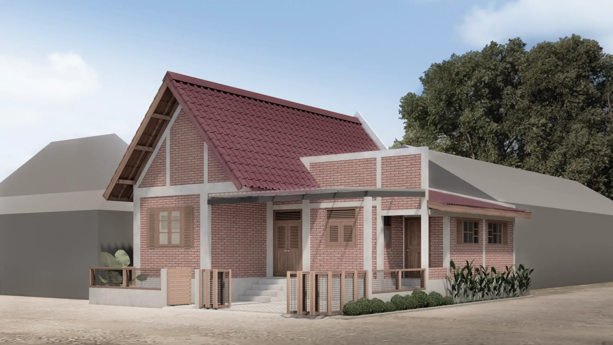 Tampak samping rumah bata ekspos dengan atap miring di Bantul, Yogyakarta – karya Cipta Mahatama