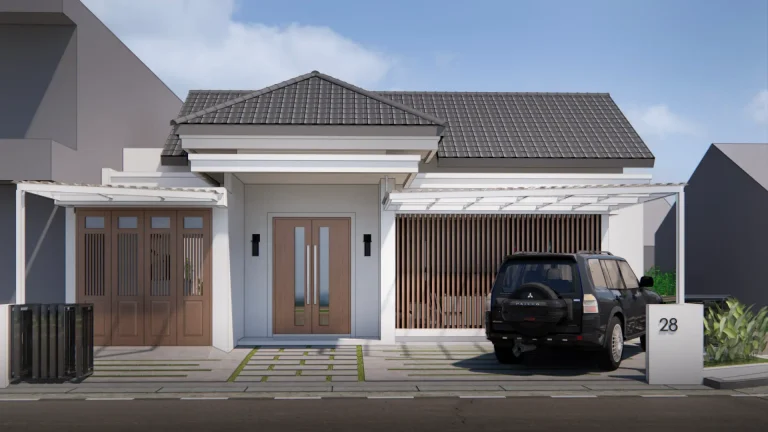 Tampak depan rumah klasik modern di Temanggung dengan atap pelana dan fasad putih minimalis karya Cipta Mahatama