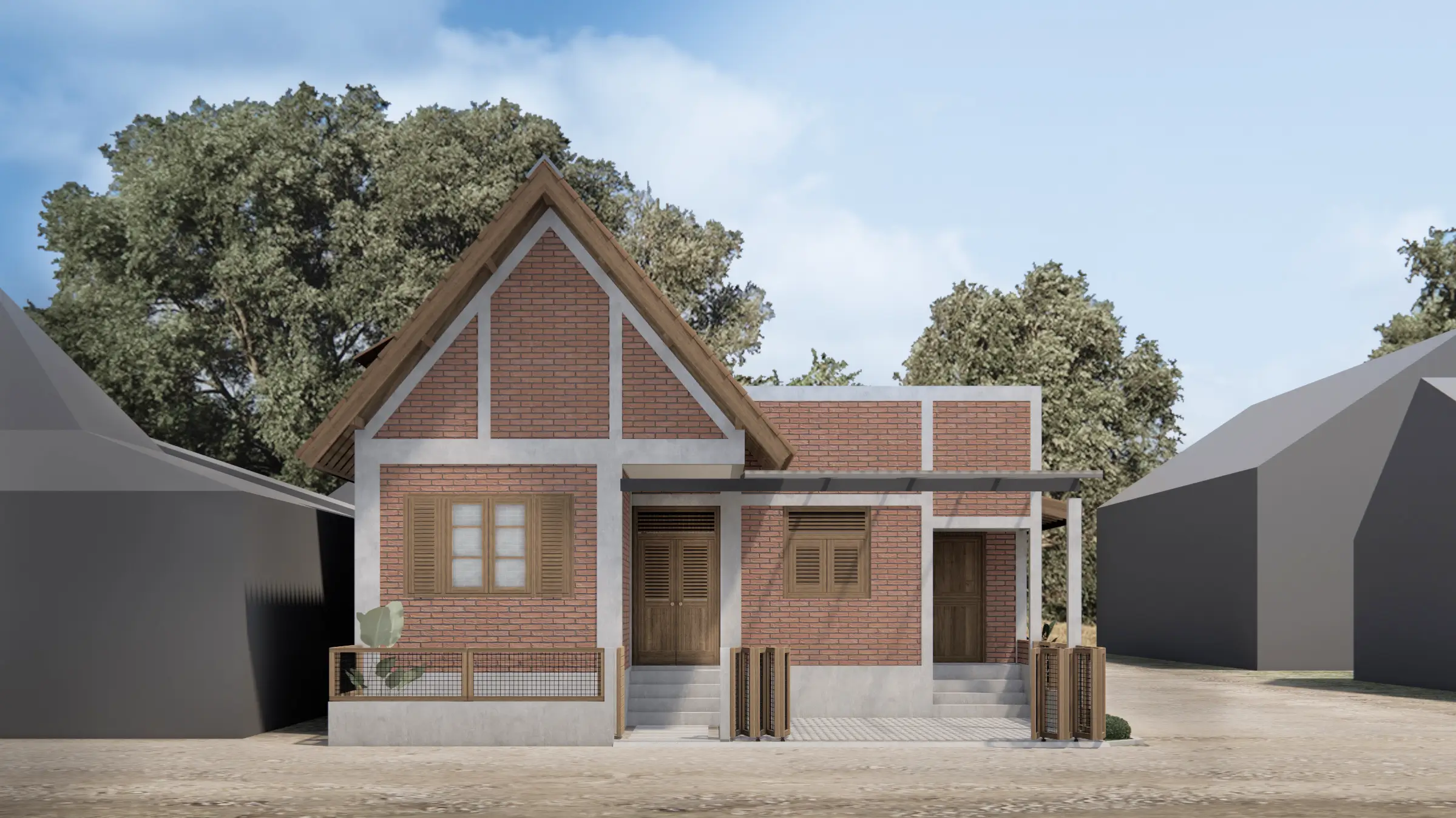 Tampilan fasad utama rumah bata ekspos di Bantul dengan bentuk atap pelana dan kusen pintu jendela dari kayu