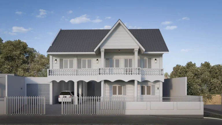 Tampak depan bangunan hasil renovasi rumah tinggal menjadi kos dua lantai di Salatiga dengan desain western clean look oleh Cipta Mahatama