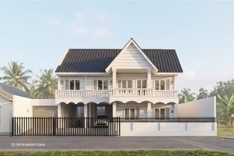 Tampak depan kos dua lantai hasil renovasi rumah lama di Salatiga dengan cladding putih
