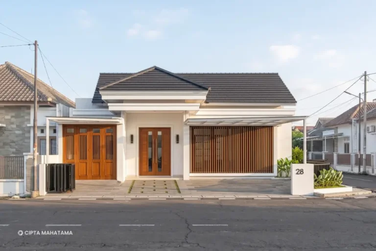 Tampak depan rumah klasik modern di Temanggung dengan atap pelana dan fasad putih minimalis karya Cipta Mahatama