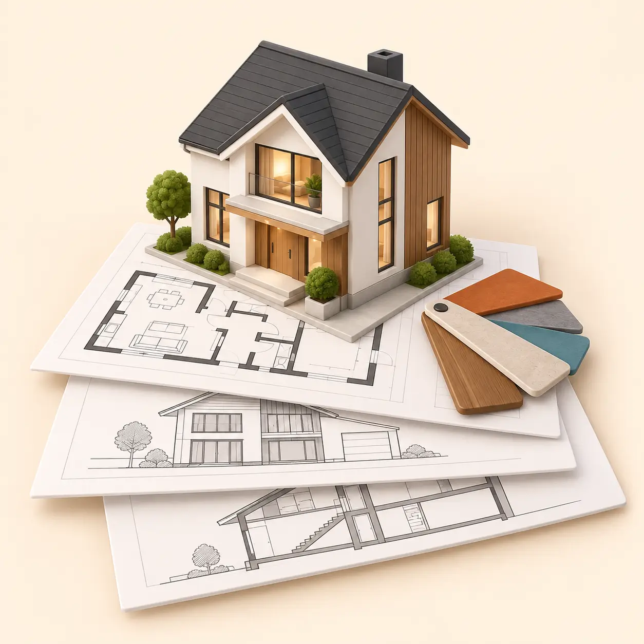 Ilustrasi model rumah, gambar denah, tampak, potongan, dan pilihan material