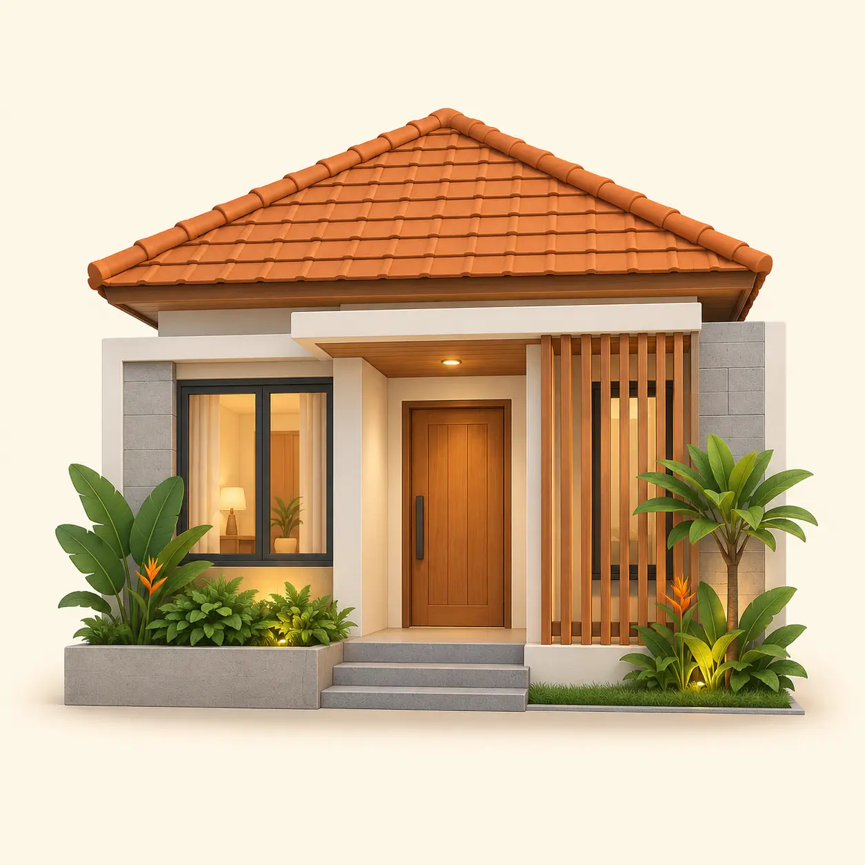 Ilustrasi desain tampak depan rumah modern tropis