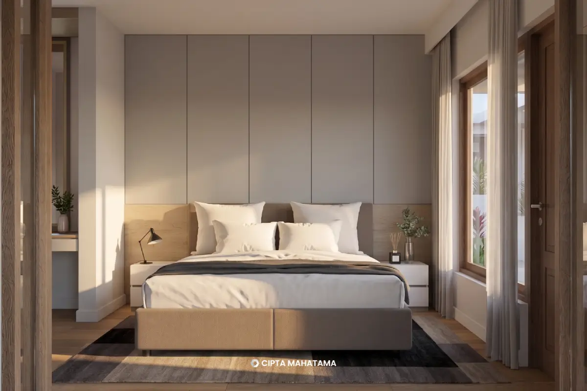 Render Kamar Tidur Render kamar tidur dengan lemari built-in dan jendela besar