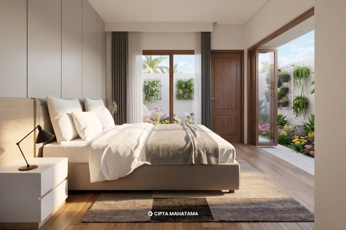 Render Kamar Utama Menghadap Taman Render kamar utama dengan pintu kaca lebar menghadap taman