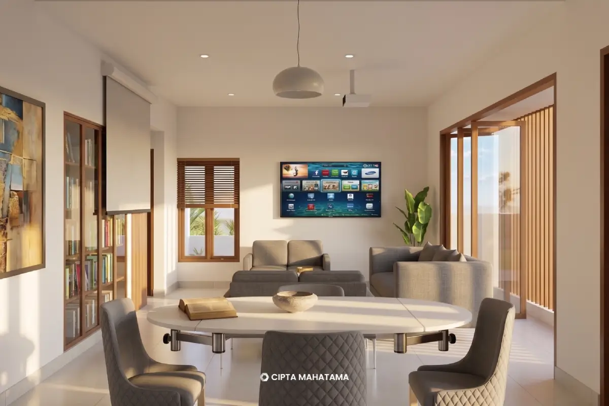 Render Ruang Keluarga Render ruang keluarga lapang dengan meja bundar besar dan bukaan ke taman