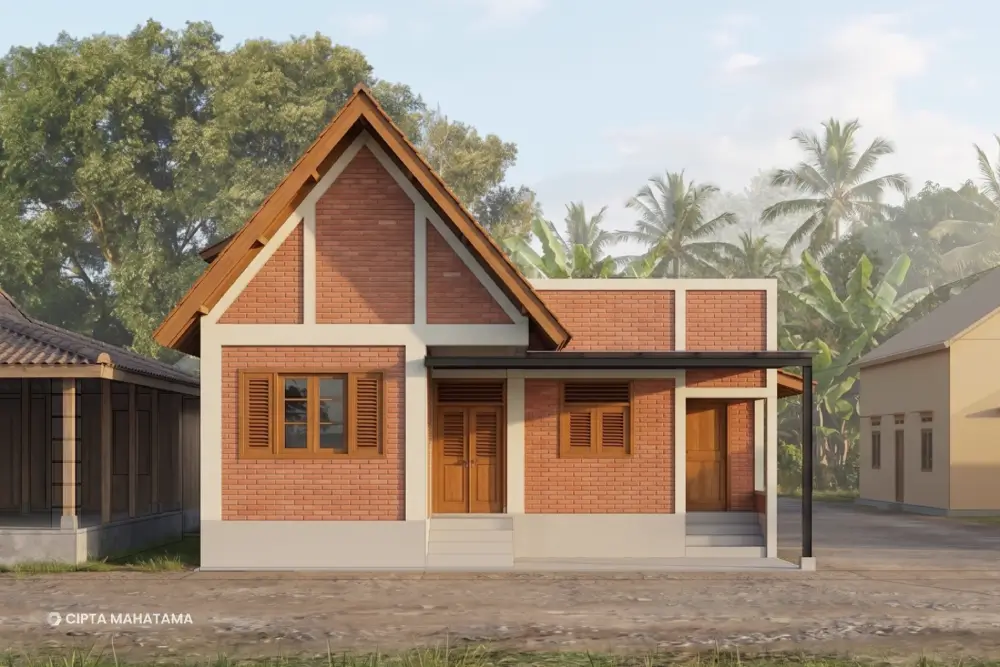 Tampilan fasad utama rumah bata ekspos di Bantul dengan bentuk atap pelana dan kusen pintu jendela dari kayu